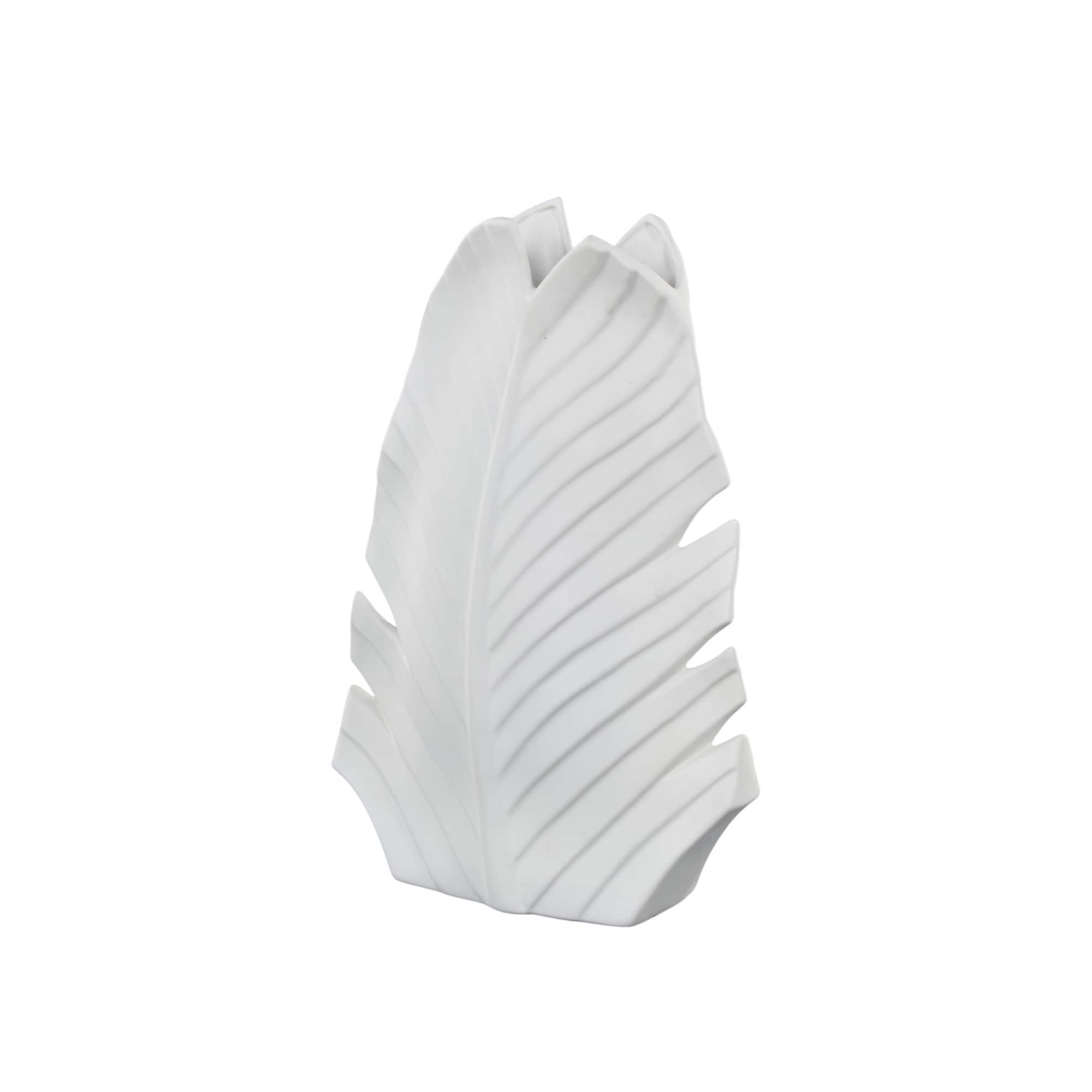 17" White Palm Tree Curved Leaf Decorative Ceramic Vase